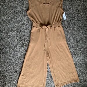 Calvin Klein tie-waist wide leg jumpsuit camel tan size 14 NWT
